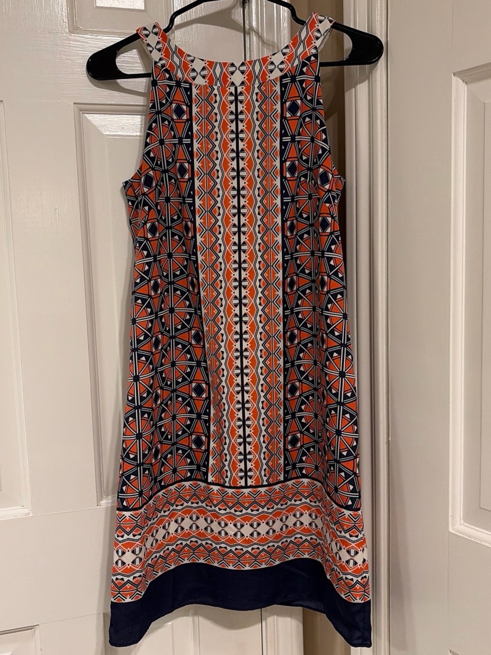 Sleeveless Geometric Print Shift Dress in Orange, Navy & White - Picture 1 of 4